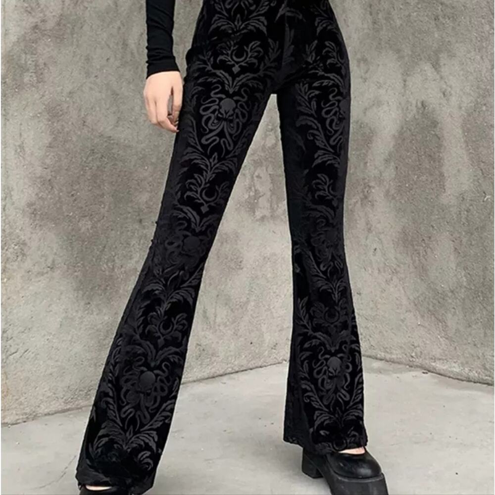 NWT Large Black Velour Damask Brocade Goth Cthulhu Flares - Picture 10 of 12